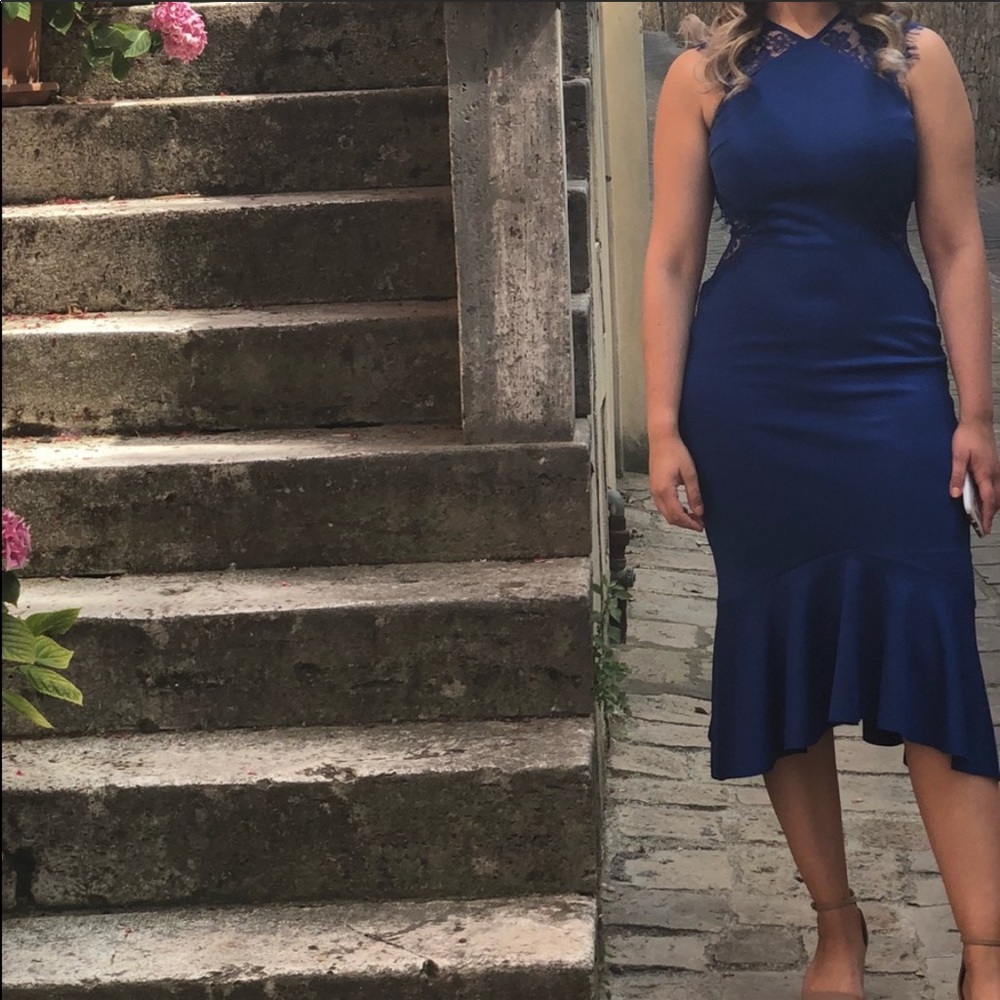 ASOS Blue Dress Lace insert sides flare hem Sz6 - Picture 4 of 5